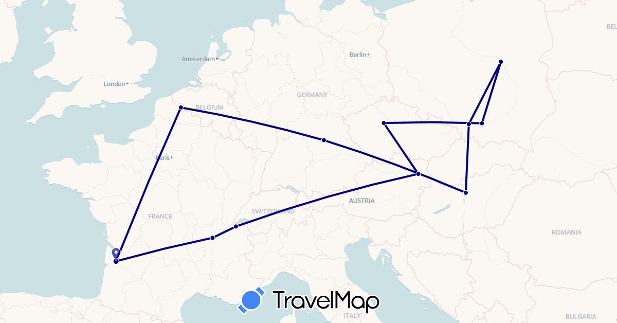TravelMap itinerary: driving in Austria, Switzerland, Czech Republic, Germany, France, Hungary, Poland (Europe)